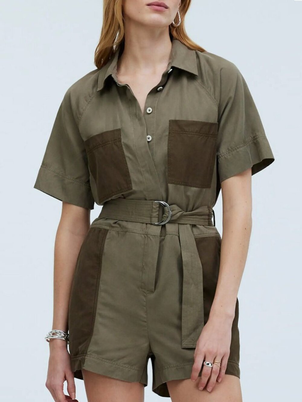 MADEWELL Short Sleeve Patch Pocket Romper, Olive, XS